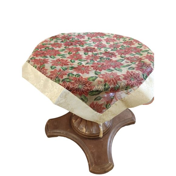 Christmas Poinsettia Table Topper 33 Inch Square Red Gold Organza with Tassels S - Picture 2 of 9